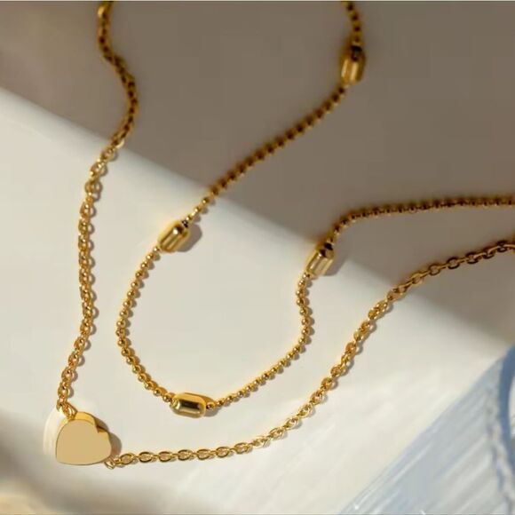 New 18k Gold Ss  Double Anklet / Bracelet Cable & Ball Chain Heart Charm Detail - Picture 4 of 7